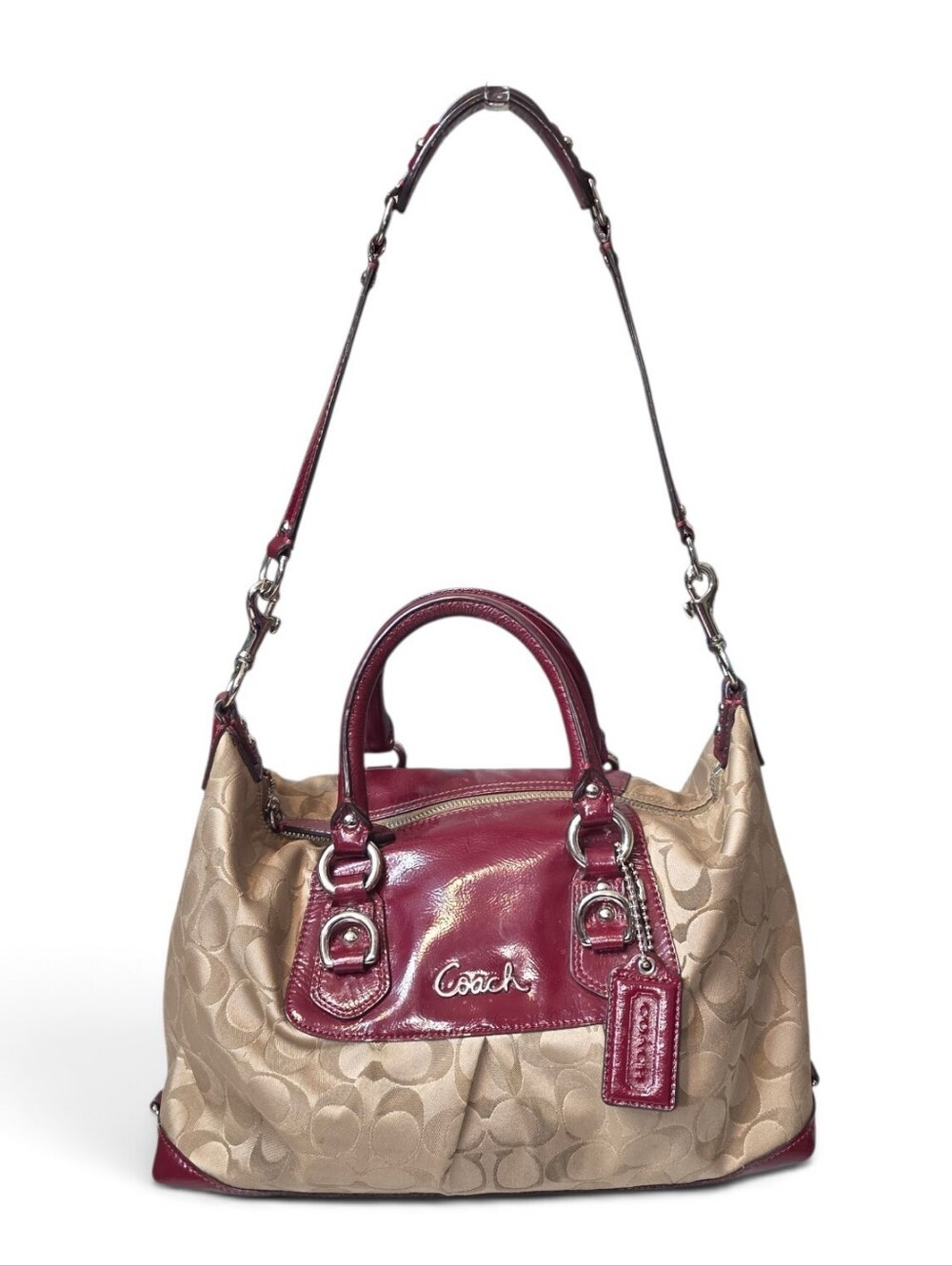 Coach Ashley Signature Satchel in Burgundy Patent Leather - Picture 2 of 9